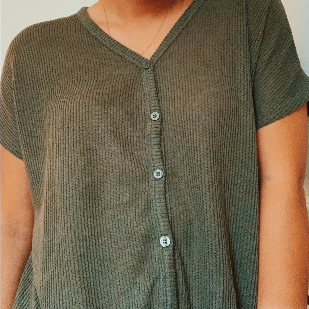 olive tie front button down top